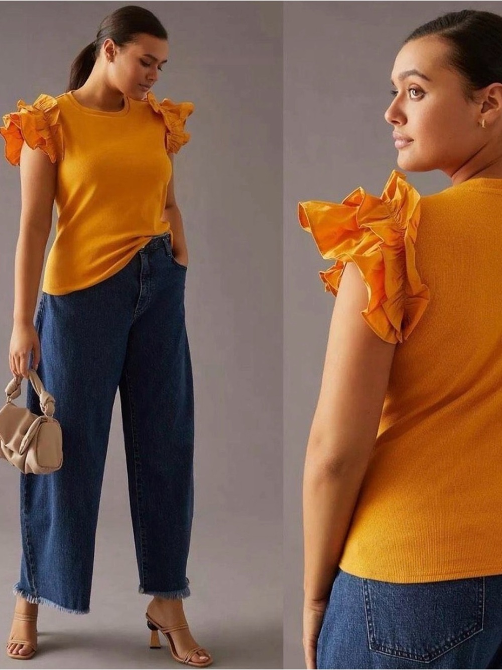 Anthropologie Mustard Yellow Flutter Sleeve Ribbed Knit Top